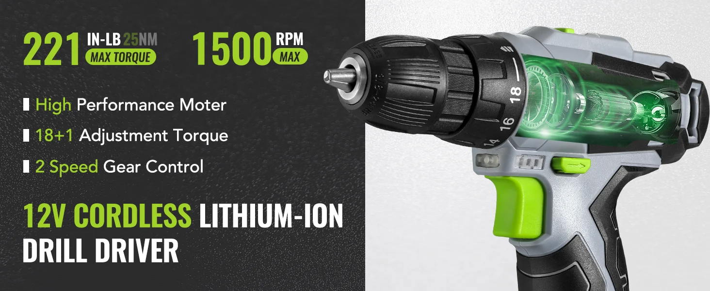 Cordless drill driver with green and black motor, showing innovation and quality text on a split layout