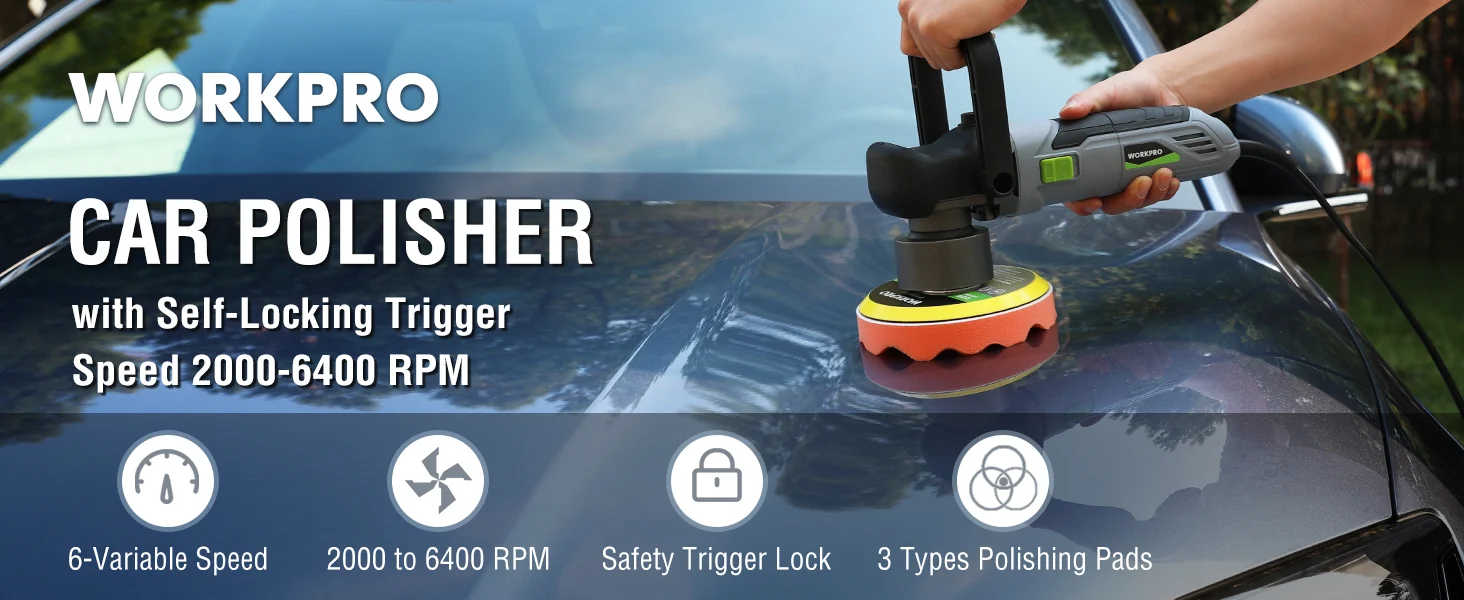 Car polisher with self-locking trigger, showing innovation, quality, and durable polishing pads on a vehicle hood