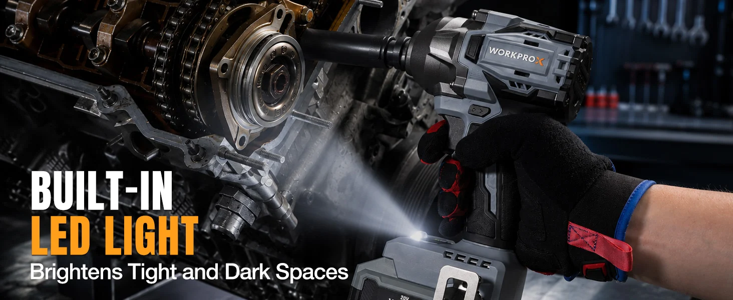 Power tool with LED light shining on metal engine parts, showing innovation and quality in a workshop setting
