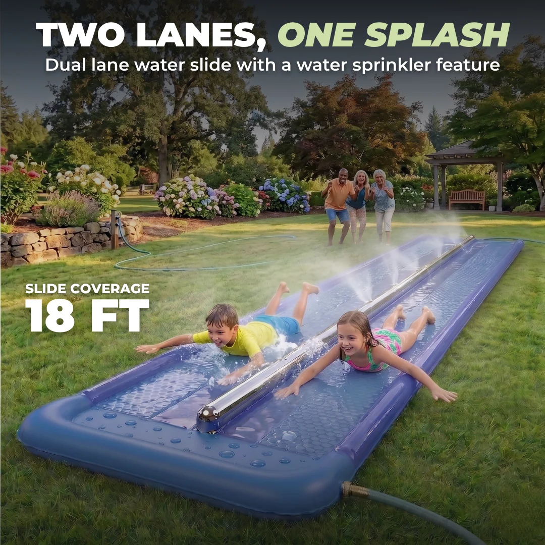 18 ft Double Lane Water Slide Play with Water Sprinkler Channel