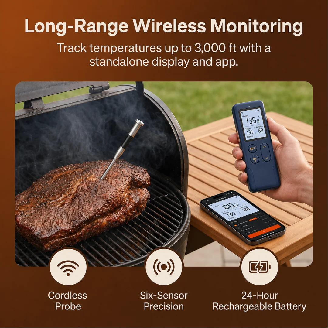 Wireless Bluetooth Meat Thermometer with WiFi Display Base Unit