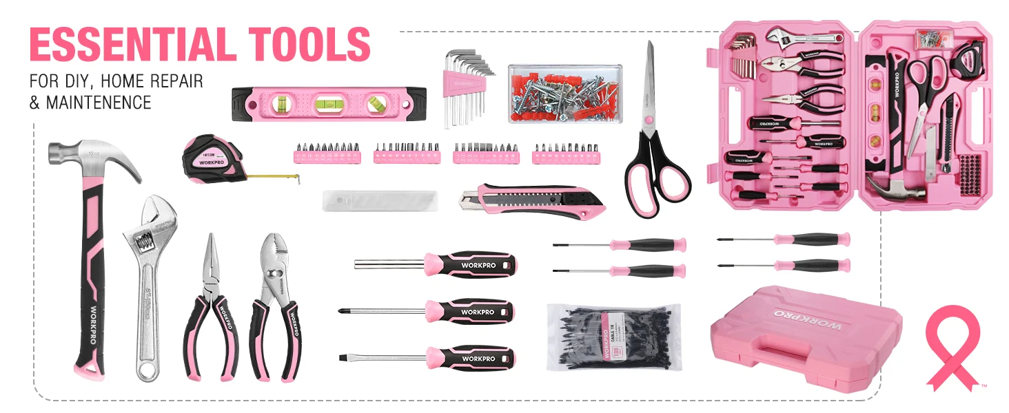 Assorted pink and black DIY tools set with screwdriver bits, scissors, level, and tool case, labeled ESSENTIAL TOOLS