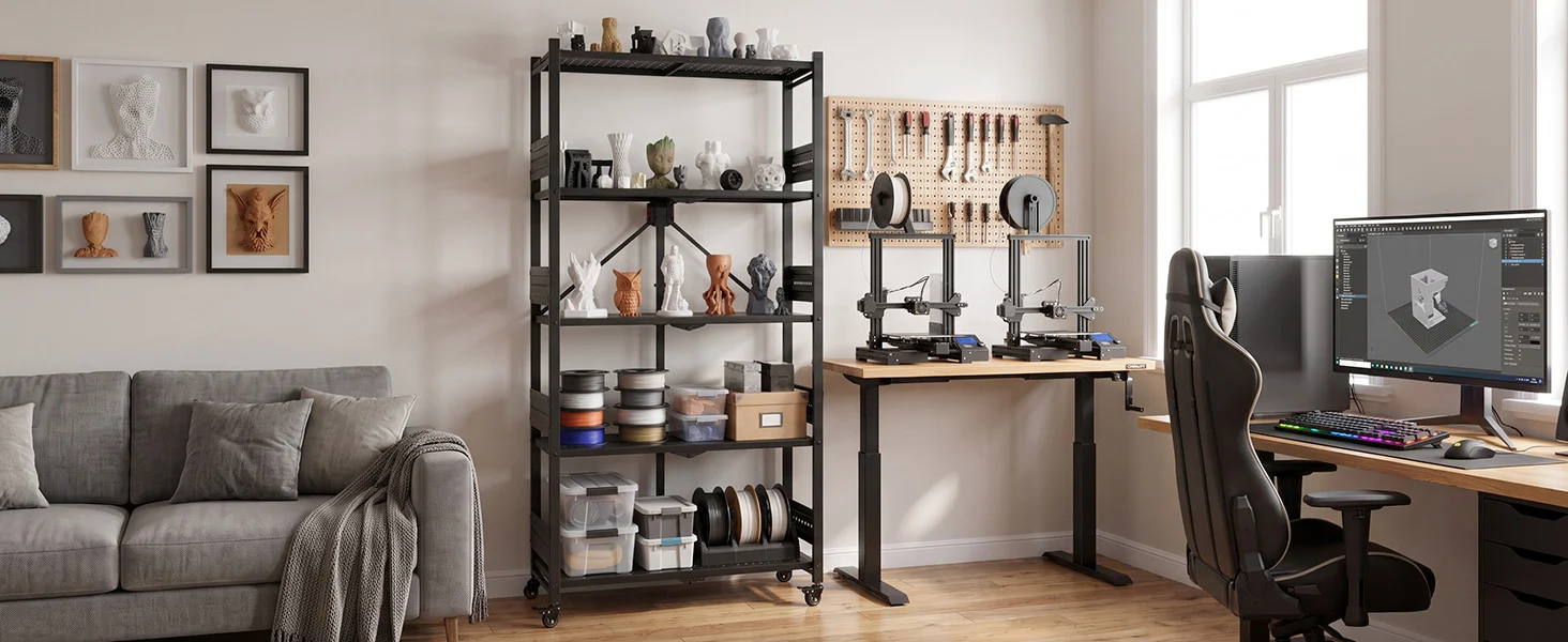 Home workshop with 3D printing stations, pegboard tools, and shelving, showing innovation and high-quality setup