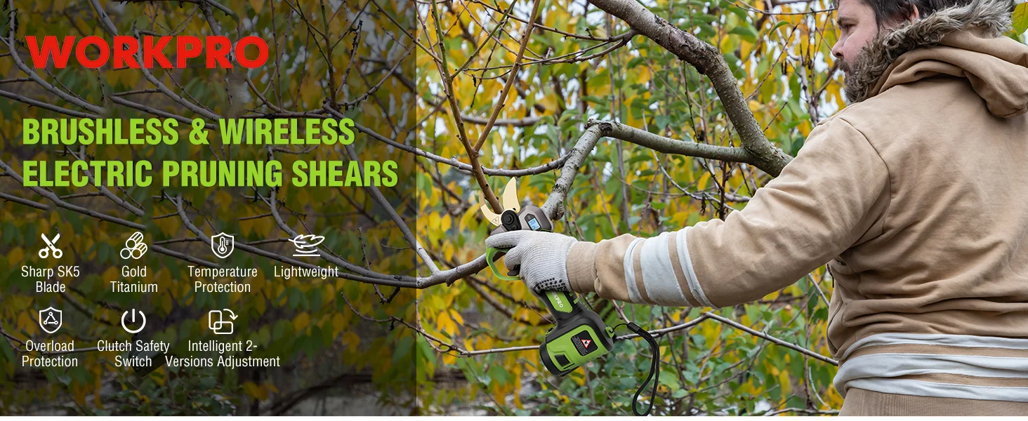Gardener using electric pruning shears on tree branches in an outdoor yard, with gloves and autumn foliage