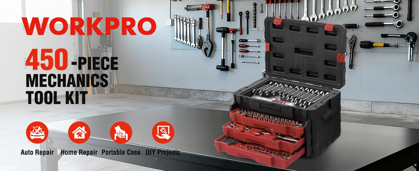 Workshop tool kit case with sockets and wrenches on a wall, showing innovation and quality for secure use