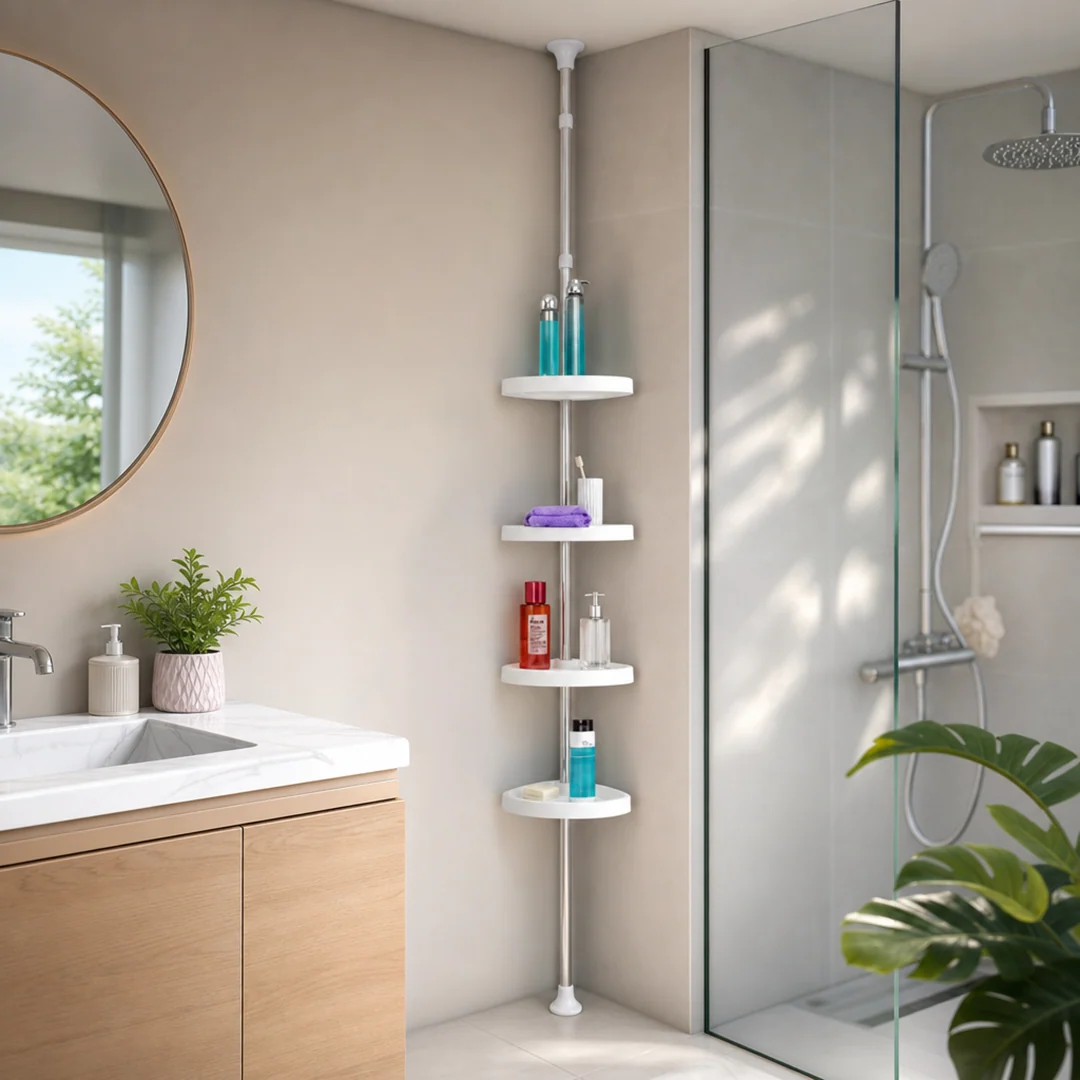 Corner cabinet placed near a sink in a bathroom.