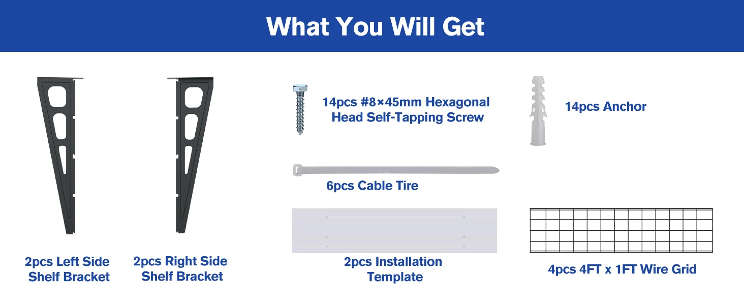 Hardware kit display with innovation quality parts, including shelf brackets, screws, anchors, cable ties, and a wire grid