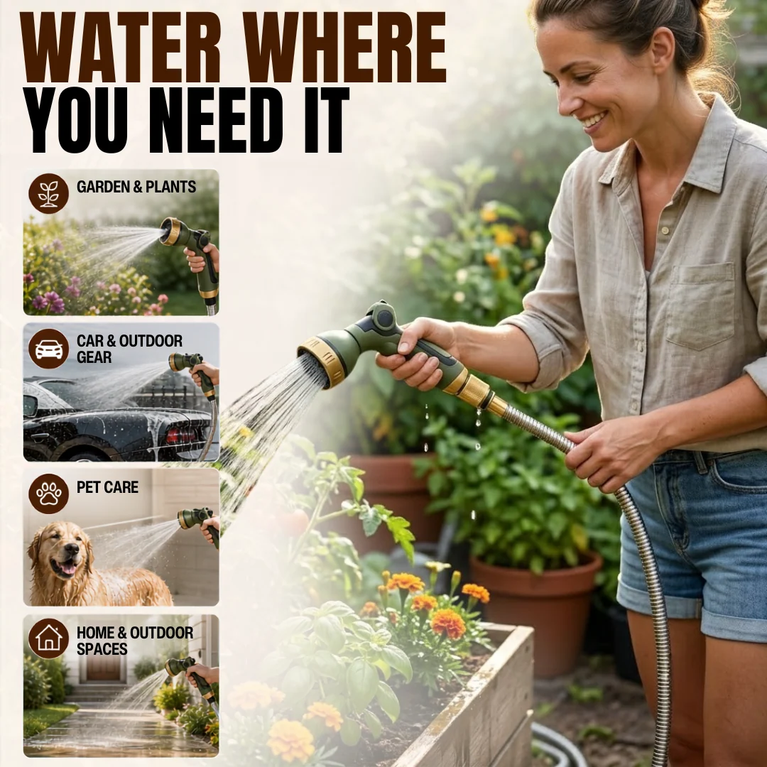 50ft 304 Stainless Steel Garden Hose with 8 Pattern Spray Nozzle