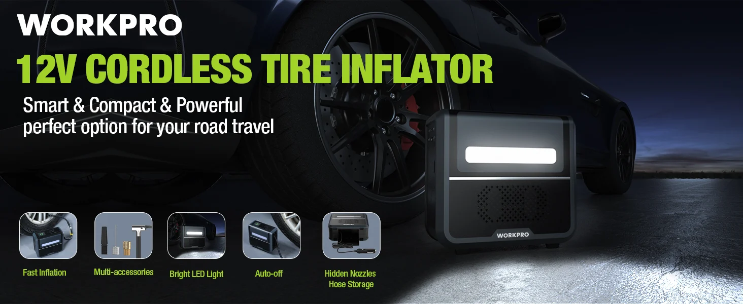 Workpro 12V cordless tire inflator with innovation and quality text beside a car wheel on a wet road