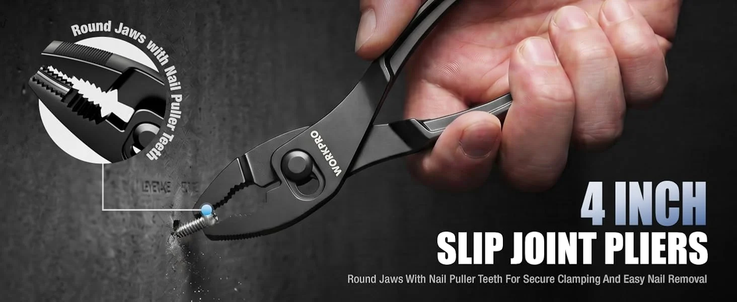 Hand holding 4 inch slip joint pliers with secure durable jaws, showing innovation and quality in metal tools