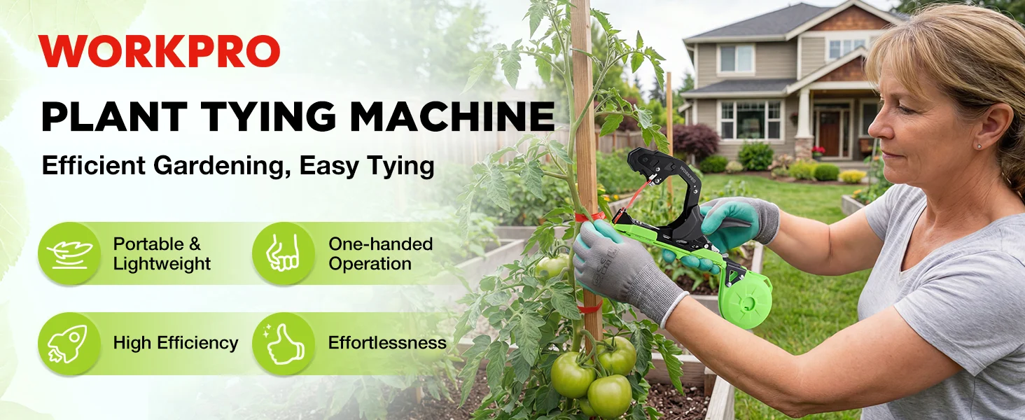 Garden plant tying machine with green tool and gloves, woman tying tomato stems in a backyard yard