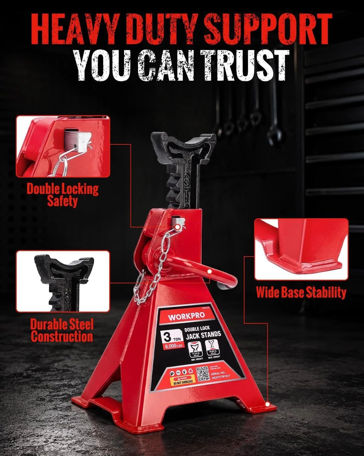 WORKPRO 3 Ton Jack Stands with Double Lock, 6000 LBS Capacity, 1 Pair - Image 4