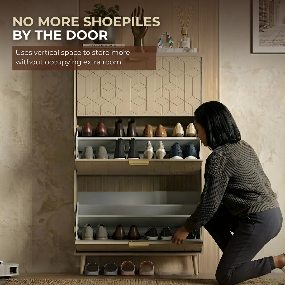 3-Drawer Slim Shoe Cabinet with Flip Compartments and Top Surface