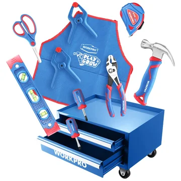 WORKPRO Beginner Kids Tool Set with 12 Inch Steel Tool Case on Wheels, Blue