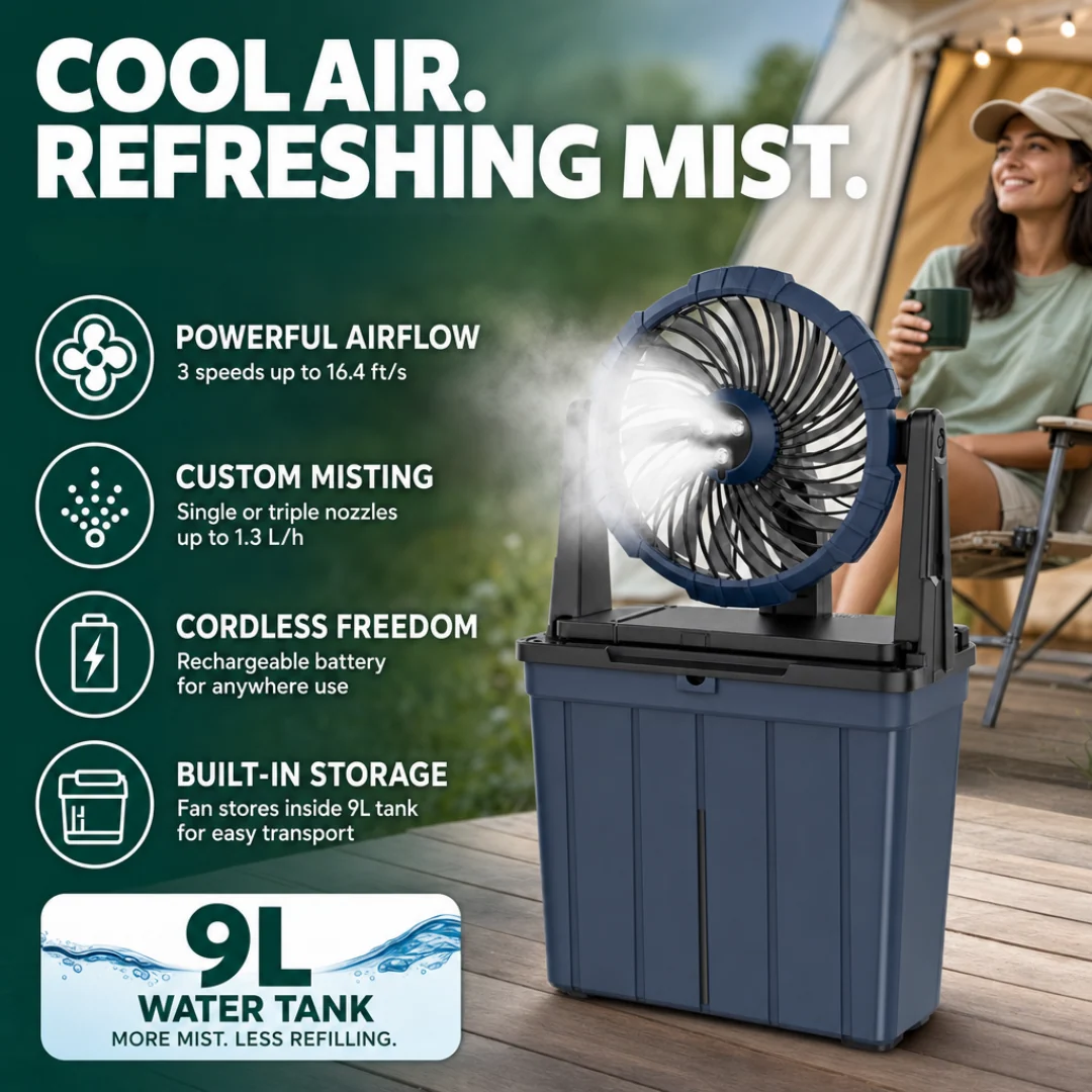 Portable Rechargeable Misting Fan with 9L Water Tank and 3 Speeds