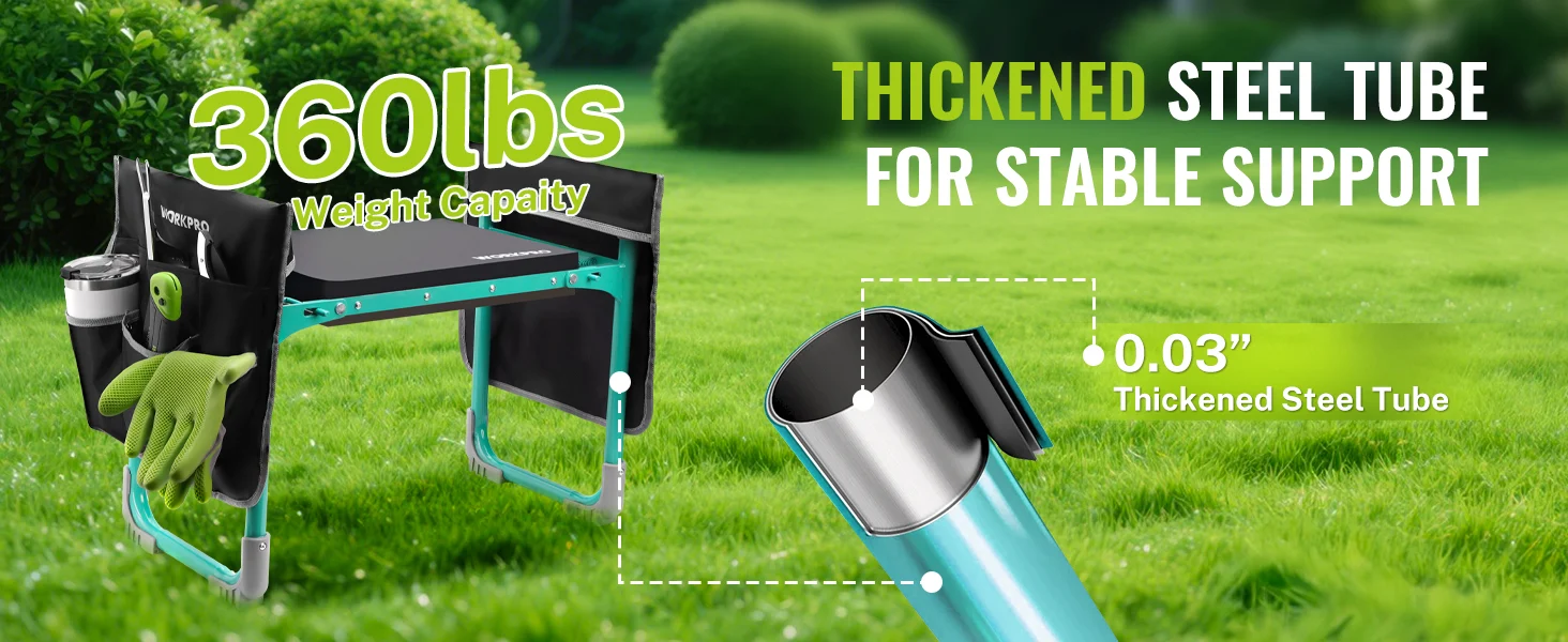 Garden work platform with green and black gloves, showing innovation and quality with a thickened steel tube
