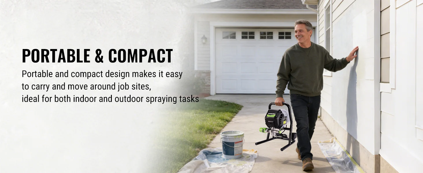 Contractor using a portable sprayer at a home exterior, with innovation and quality in the scene