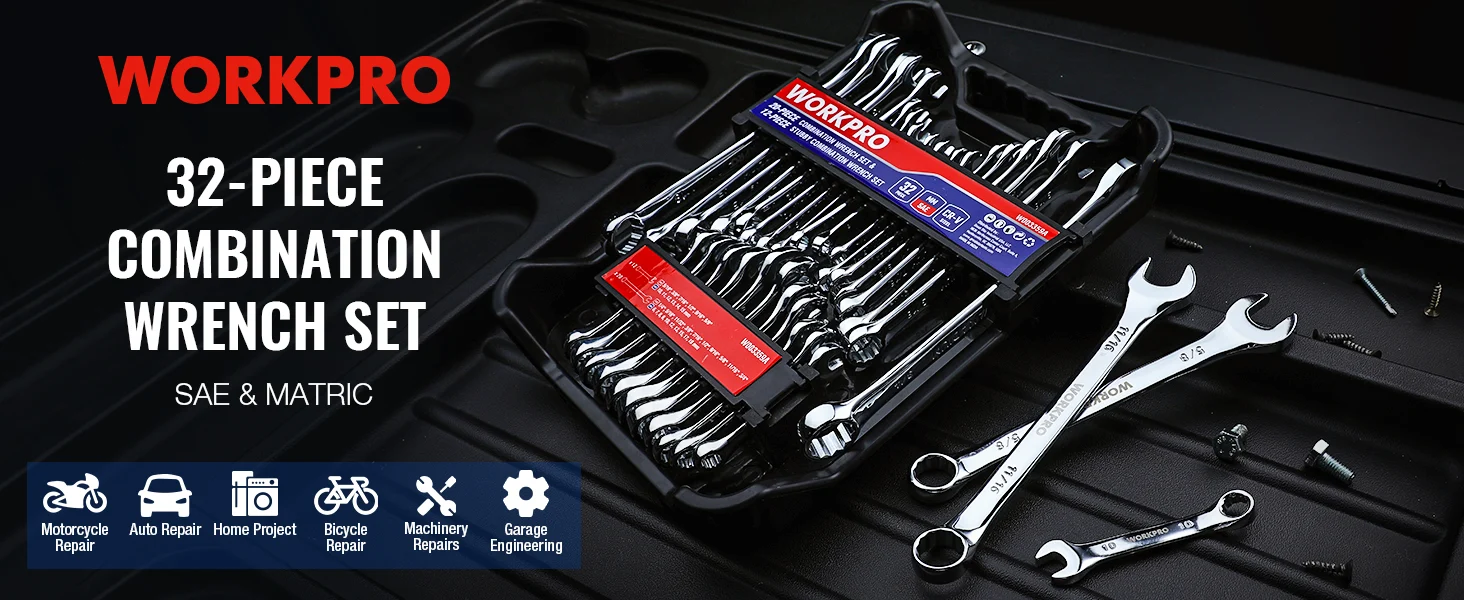 Tool kit with Workpro 32 piece combination wrench set, with open end wrenches in a black case