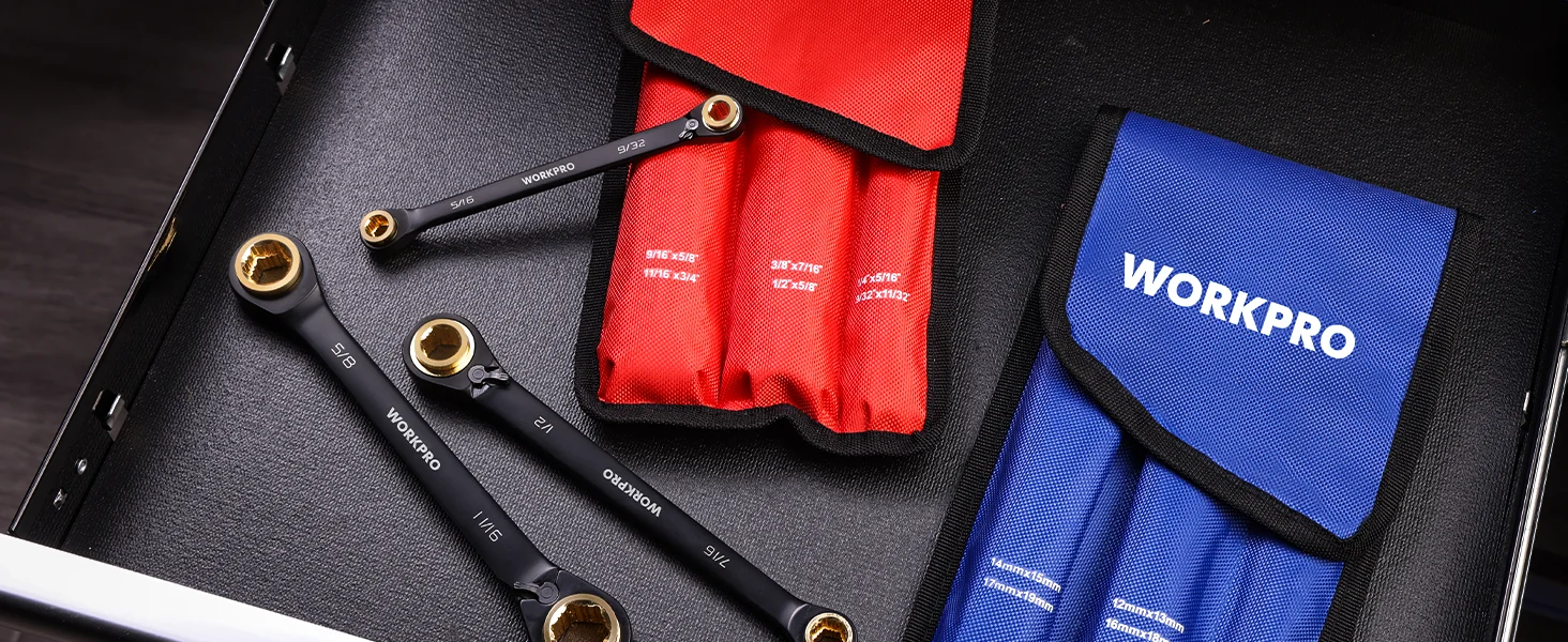 Tool kit with Workpro wrenches and red fabric pockets, showing innovation, quality, and durable organization