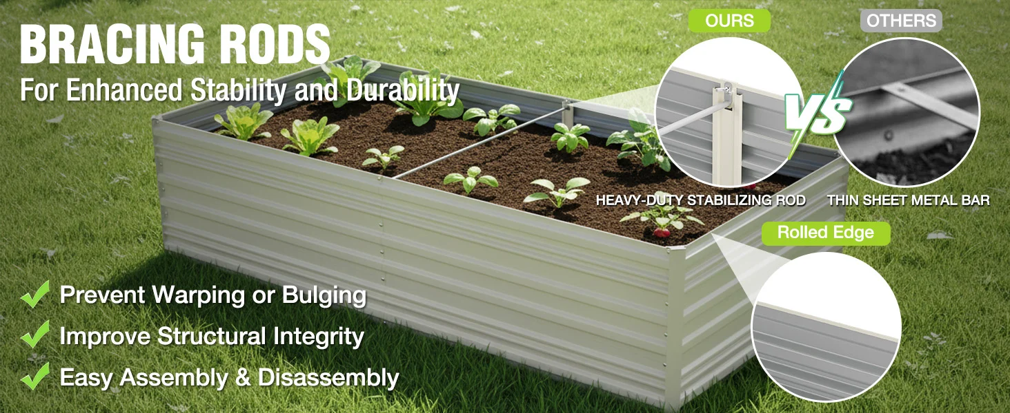 Raised garden bed on green grass with metal bracing rods, showing heavy duty versus thin sheet bars