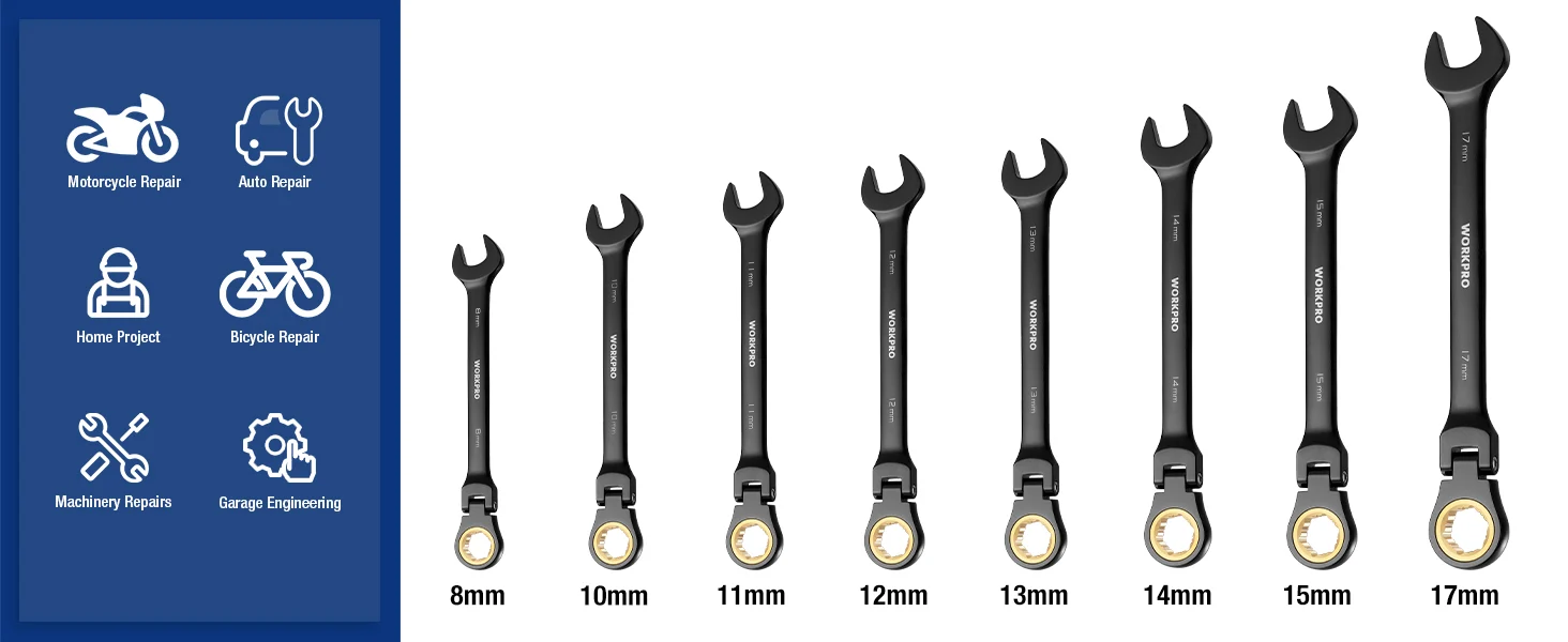 Wrench set with 8mm to 17mm sizes, shown beside repair categories, emphasizing innovation and quality