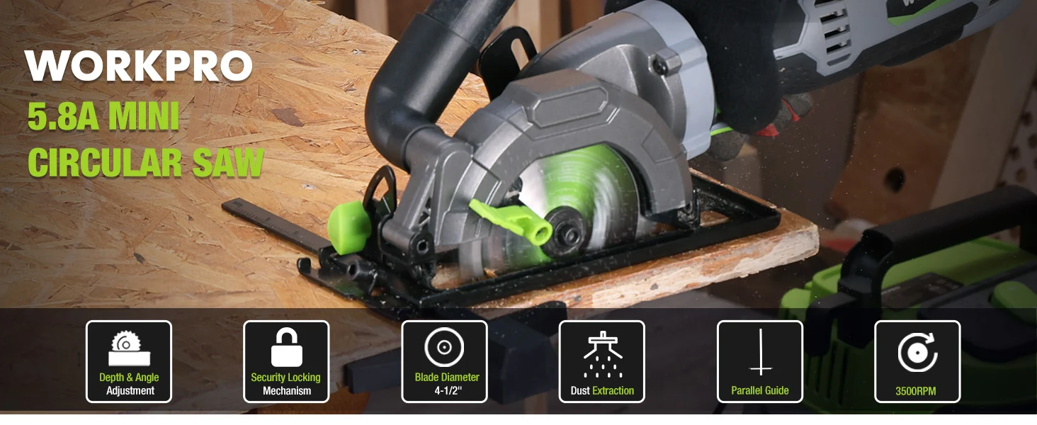 Circular saw cutting plywood on a workbench, with innovation and quality shown in on screen labels