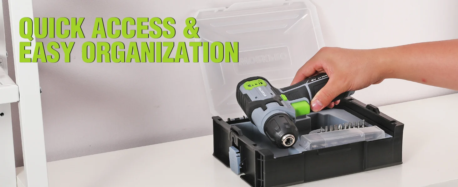 Tool box organizer with a hand holding a cordless drill, showing quick access and easy organization text
