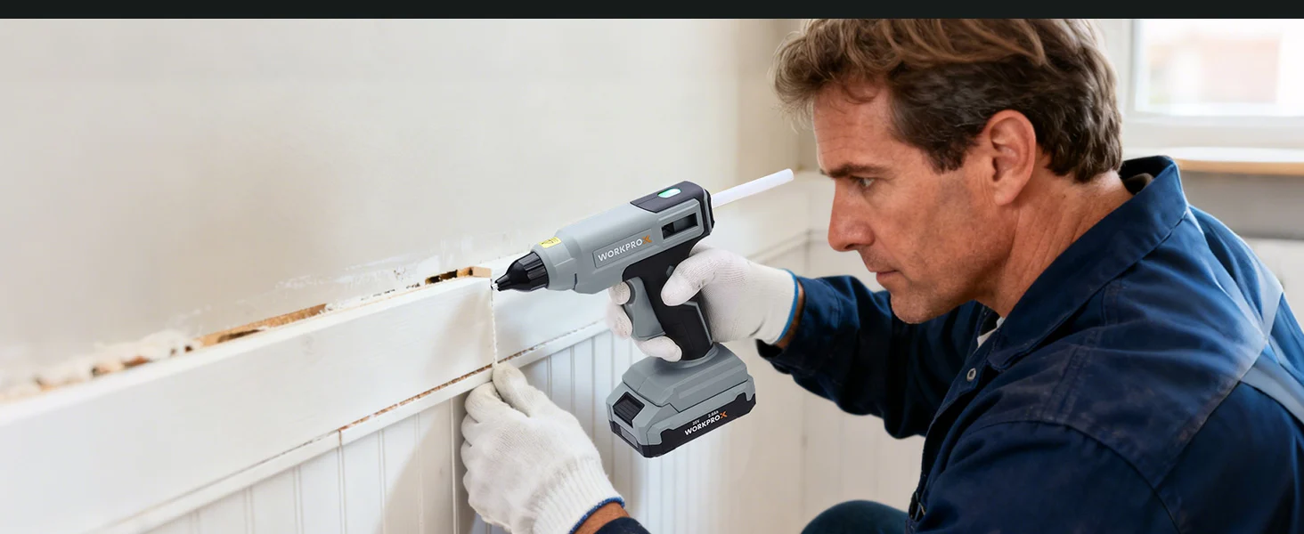 Technician using a cordless power drill to install baseboard trim, showing innovation and quality in a home interior