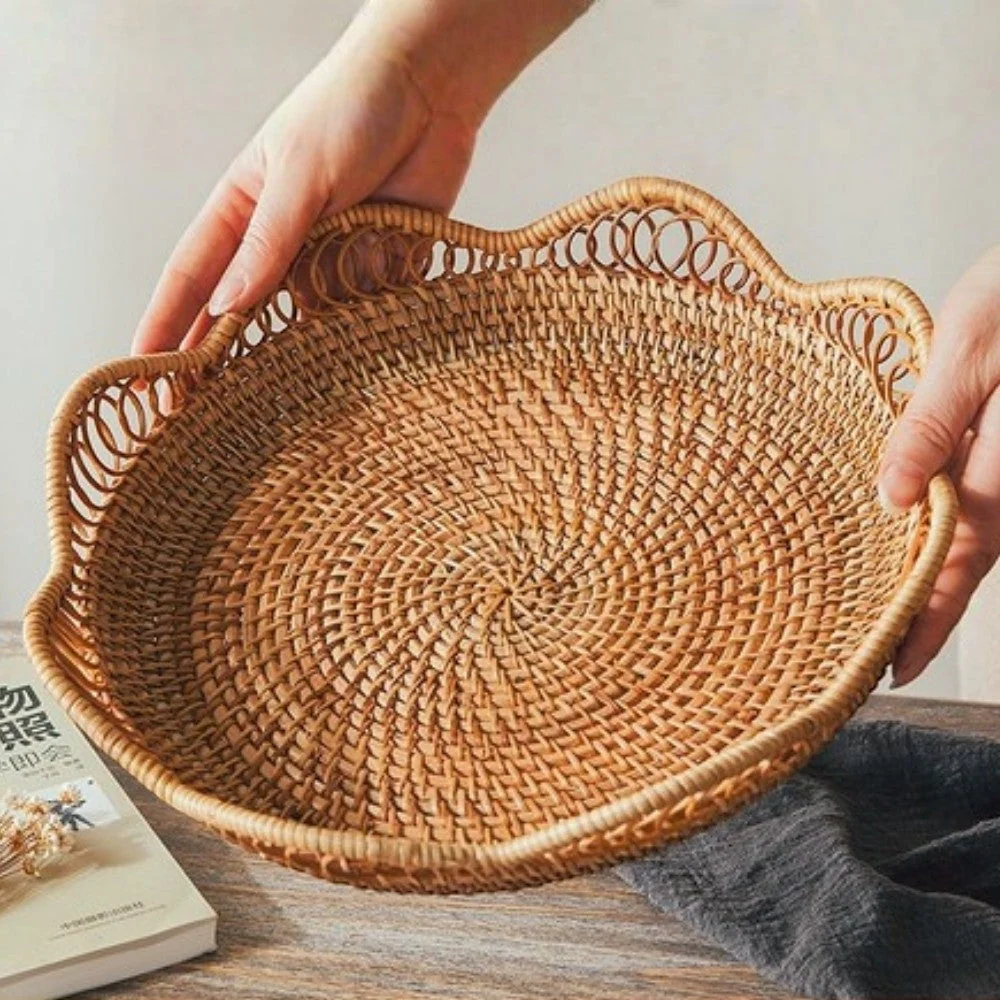 Storage Basket Handwoven Rattan Floral Design - Image 4