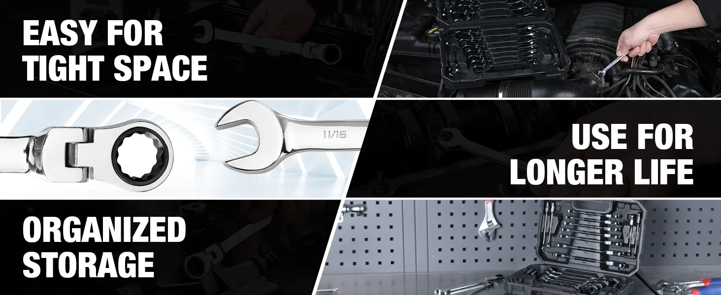 Automotive engine bay with tools and wrench set, with text about easy space, organized storage, and longer life