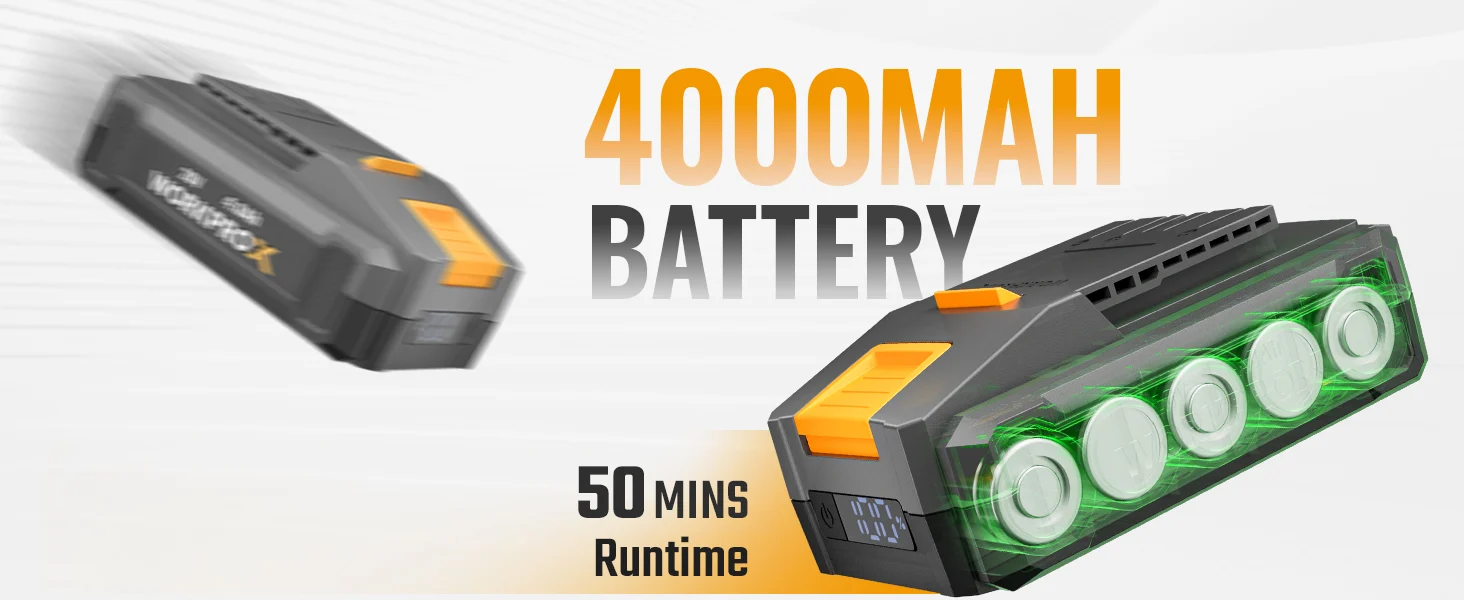 Battery pack with green LED cells and orange accents, showing 4000mAh and 50 mins runtime