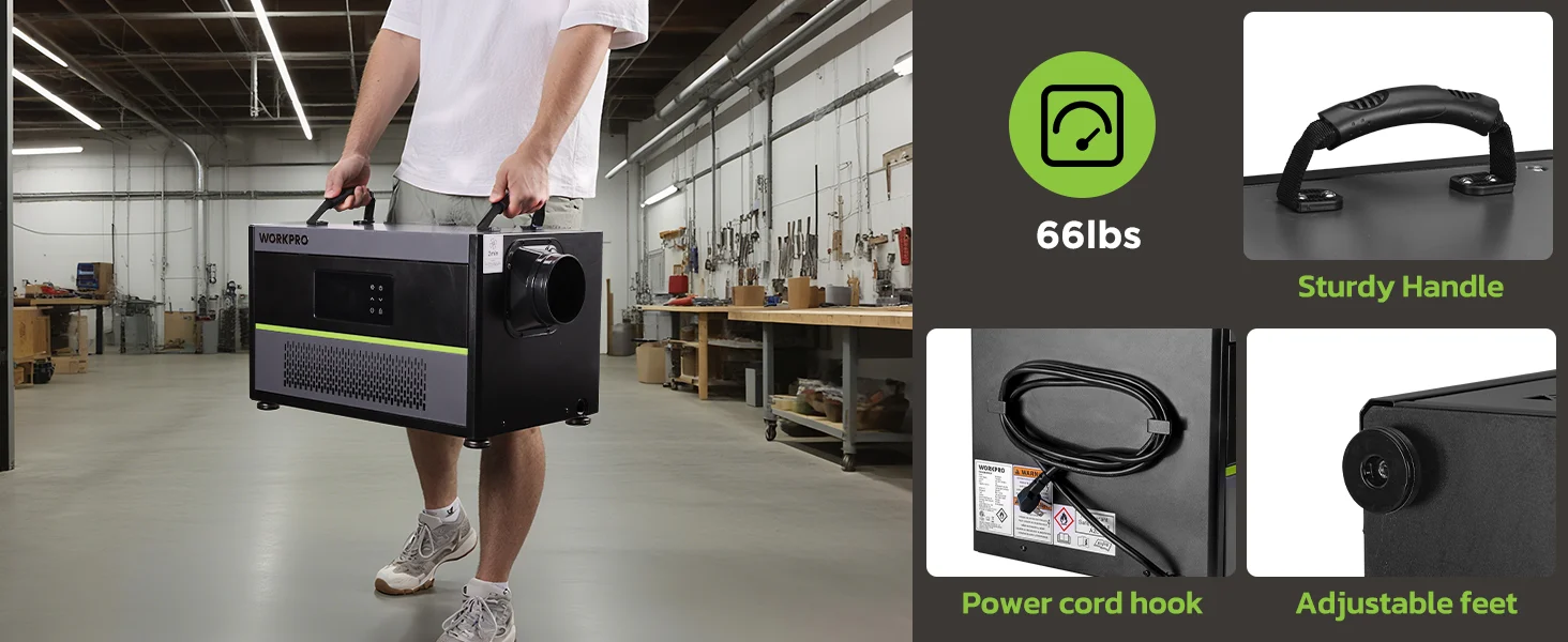 Portable air cooler innovation and quality in a workshop, with a black unit and sturdy handle being carried