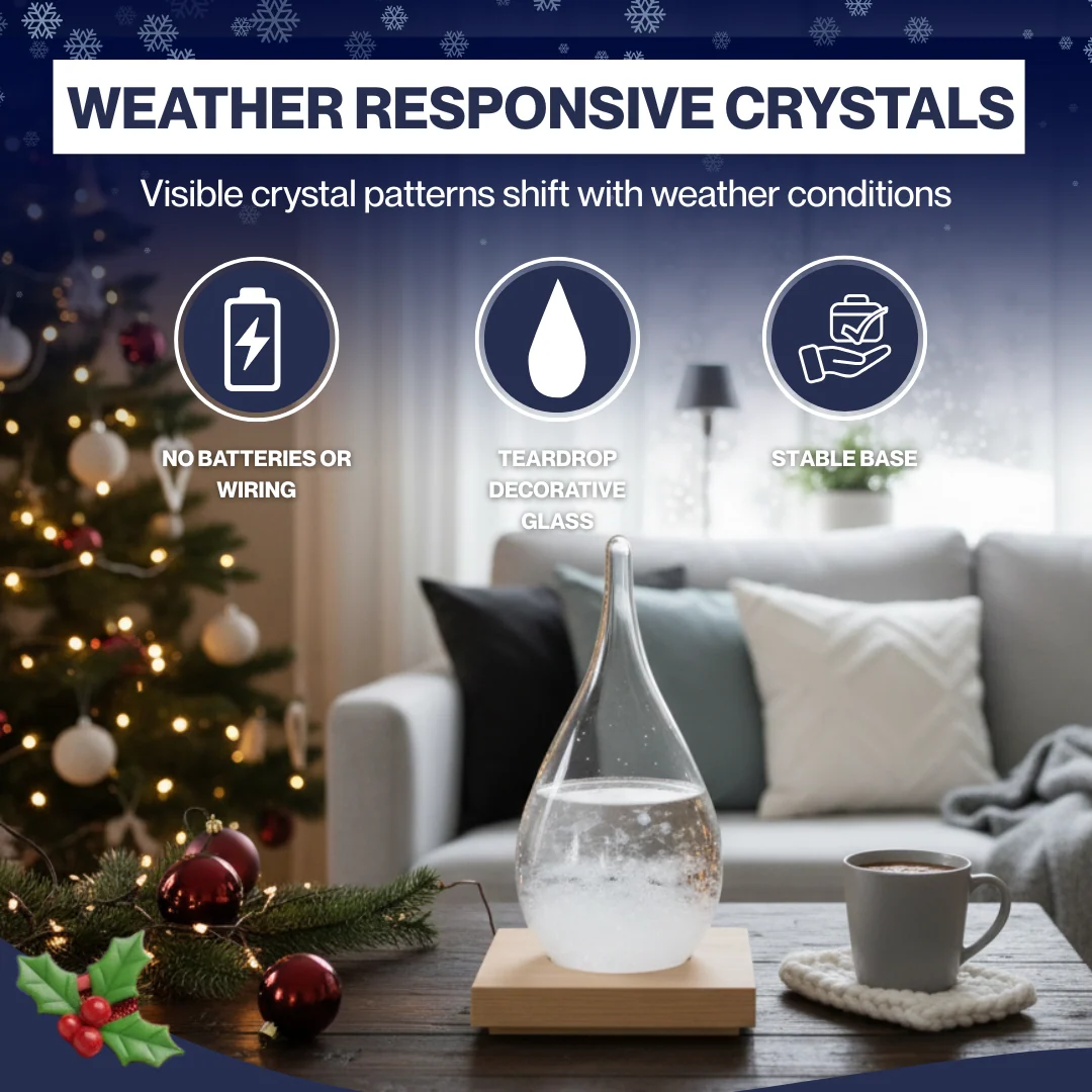 Storm Glass Weather Predictor Teardrop Crystal Display with Wood Base