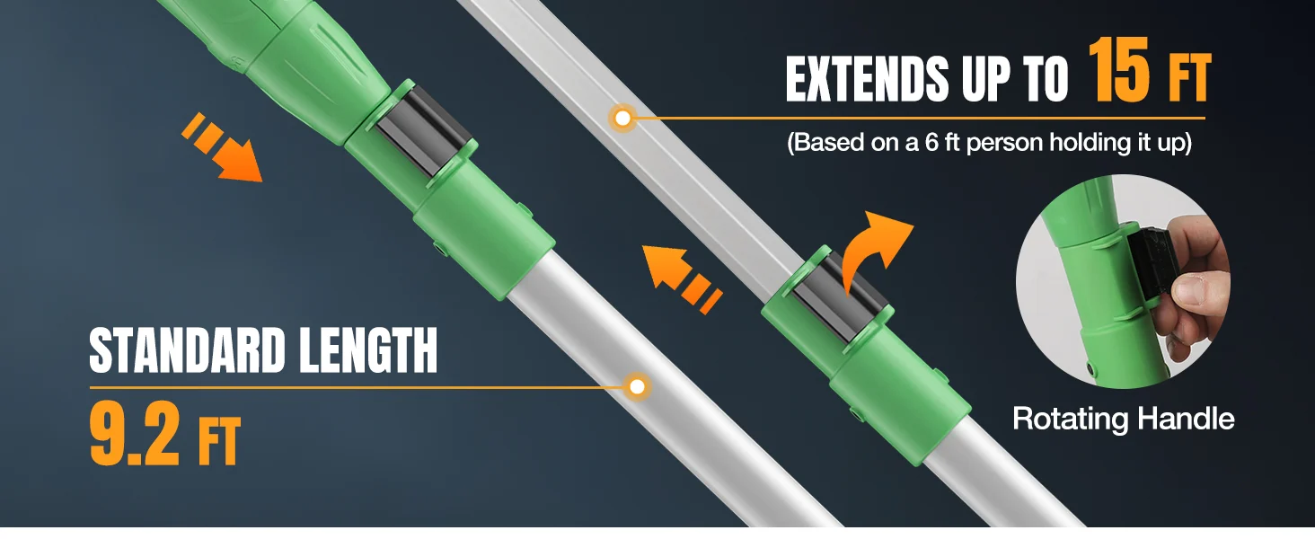 Green and silver telescoping pole graphic with rotating handle, showing standard length 9.2 ft and extension up to 15 ft