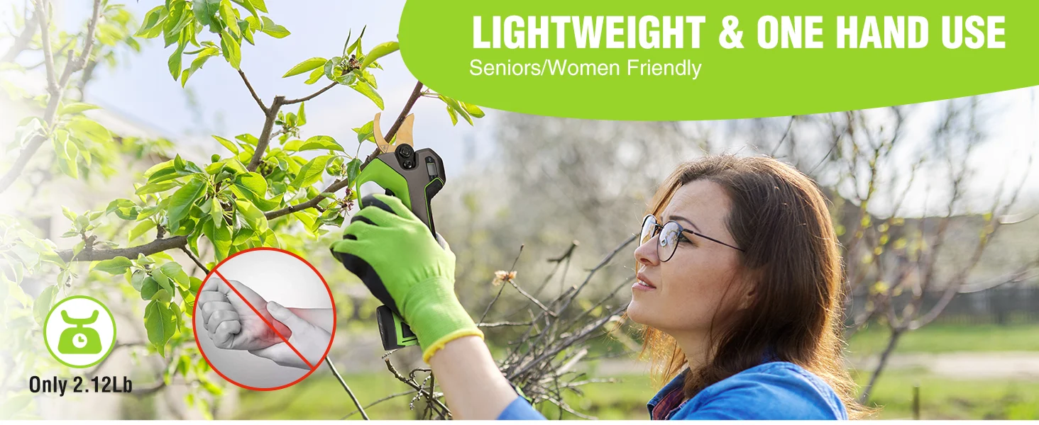 Gardening tool in green gloves with a phone, showing innovation and quality in a park setting