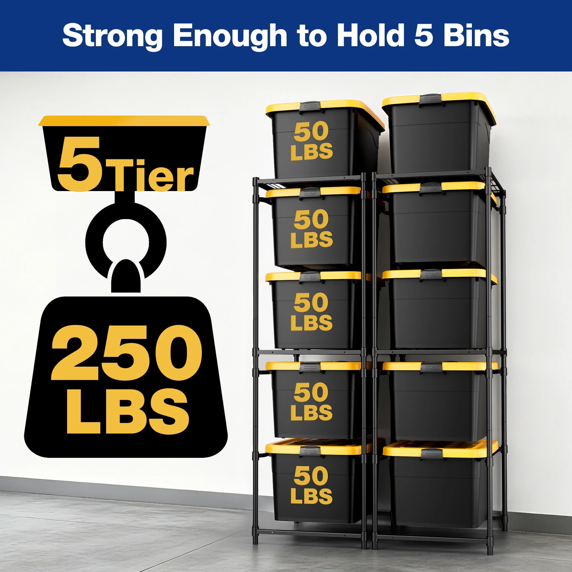 WORKPRO 2 Pack 250 LBS 5-Tier Bin Storage Rack for 27-Gallon Totes, Heavy Duty Metal Shelving Units for Garage, Basement, Pantry, Kitchen, Workspace, or Laundry Room, 30.5" x 22.5" x 69", Black - Image 3