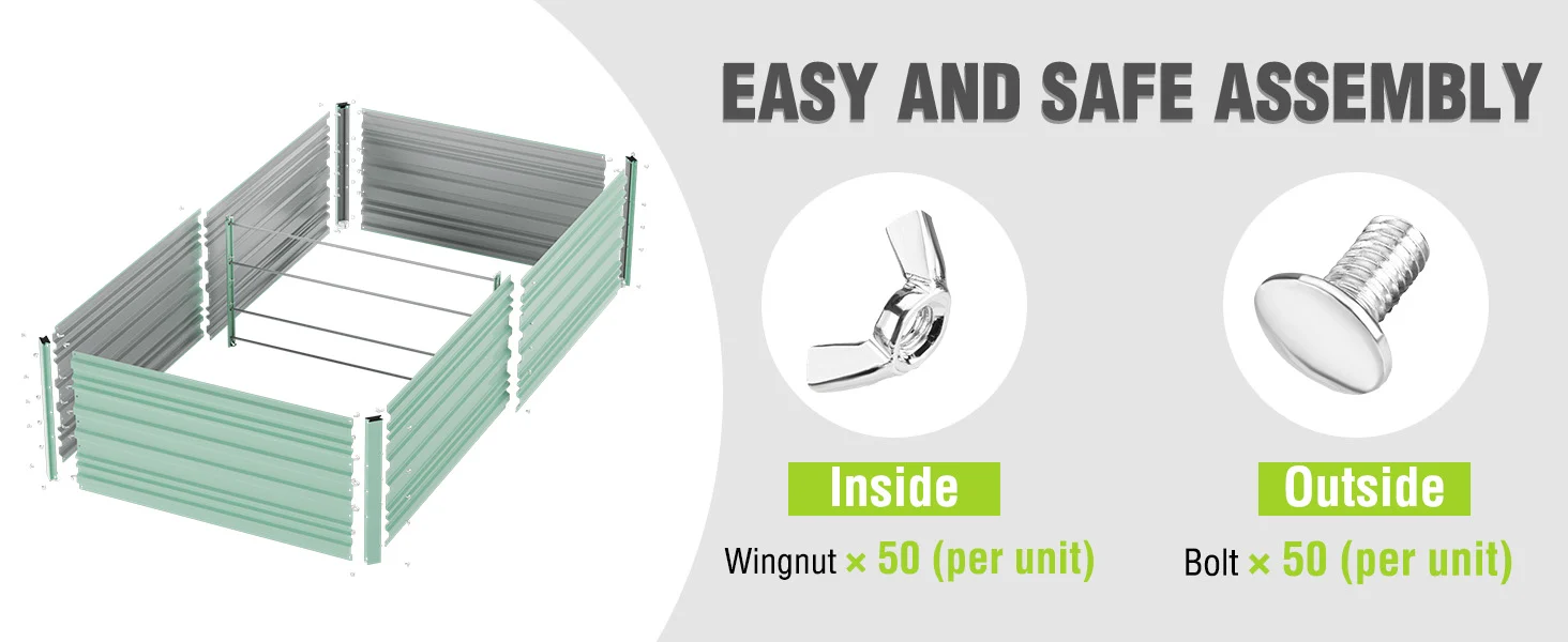 Durable metal garden bed frame with wingnut and bolt hardware shown for easy and safe assembly