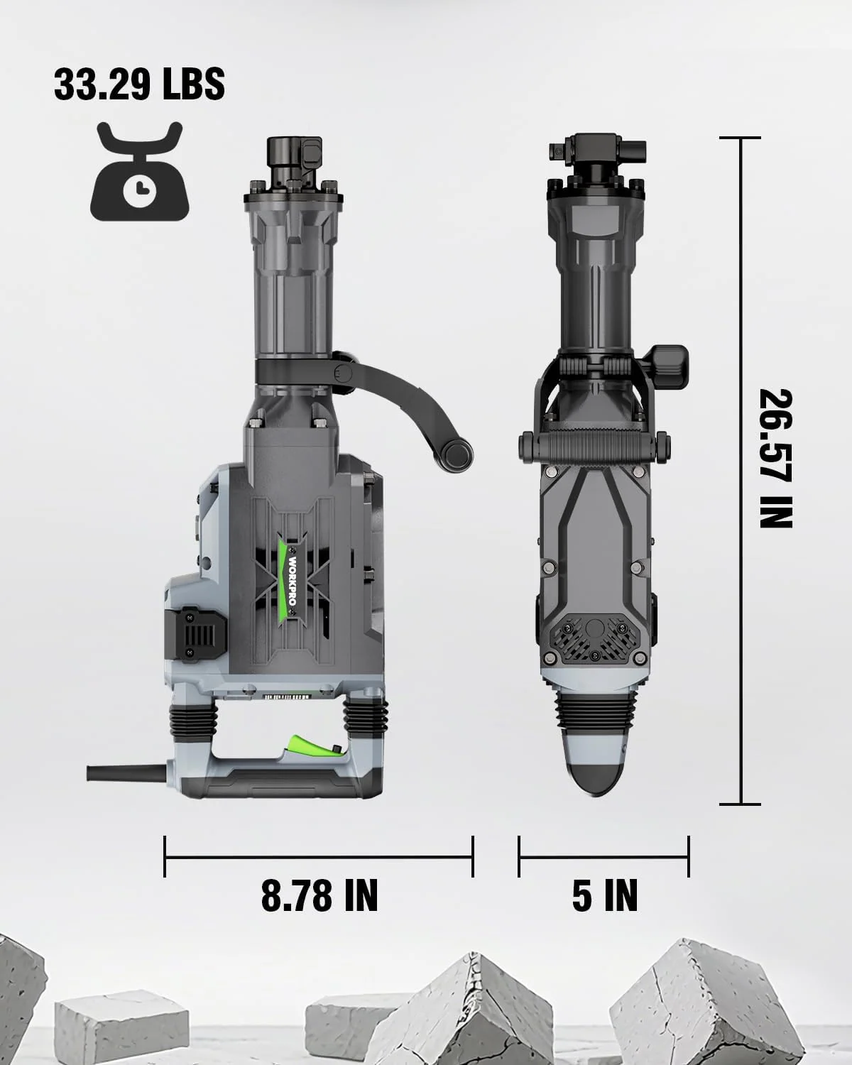 WORKPRO 60 J Demolition Jack Hammer – 15A Heavy Duty Electric Concrete Breaker, 1900 BPM Industrial Jackhammer with 2 HEX30 Chisels, UL Plug, Wheeled Carry Case for Construction & Renovation - Image 3