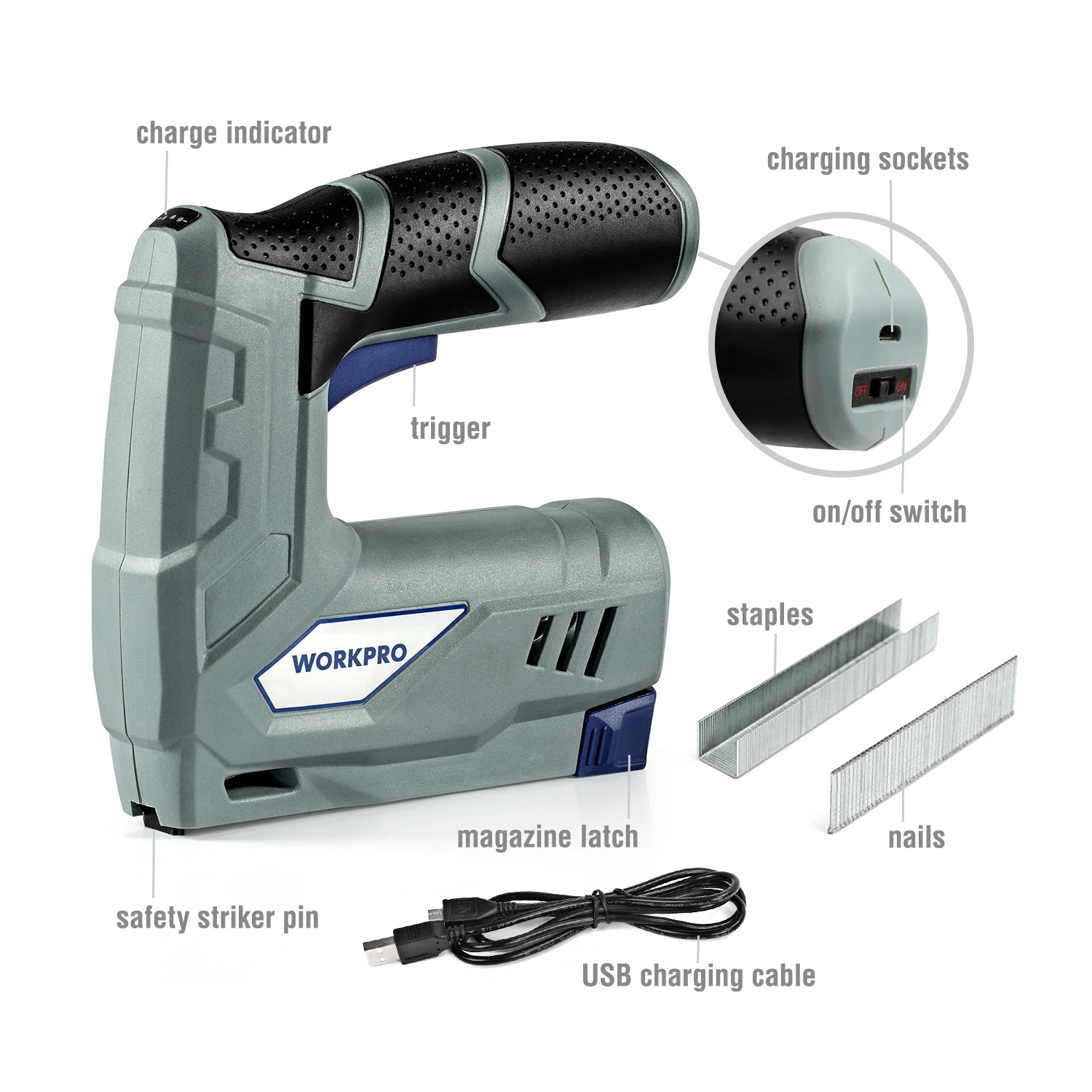 Cordless nail gun with charge indicator, trigger, on off switch, and USB charging cable, showing innovation
