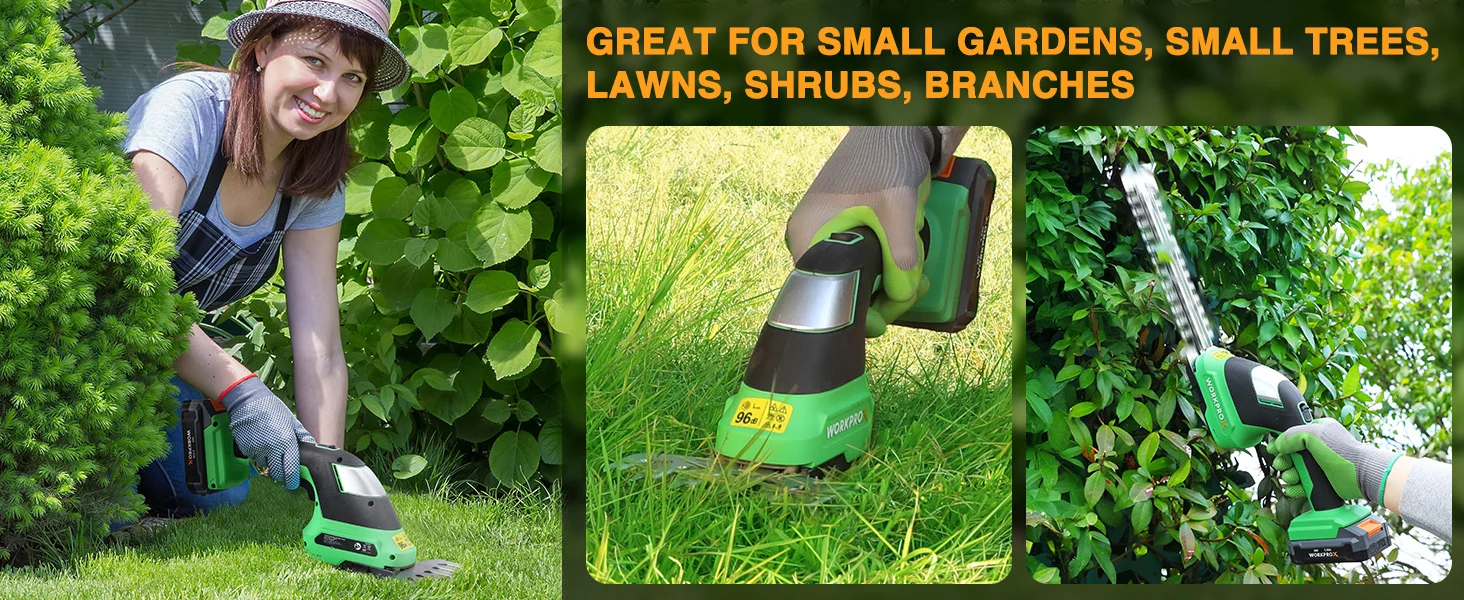 Garden worker using a green cordless trimmer and hedge trimmer, showing innovation and quality in yard care