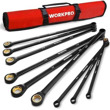 WORKPRO Extra Long Ratcheting Wrench Set, 9-Piece Anti-Slip Double Box Wrenches Set, SAE 5/16-3/4 in, 72-Teeth, Cr-V Steel and Black Electrophoretic Coating Wrenches with Rolling Pouch