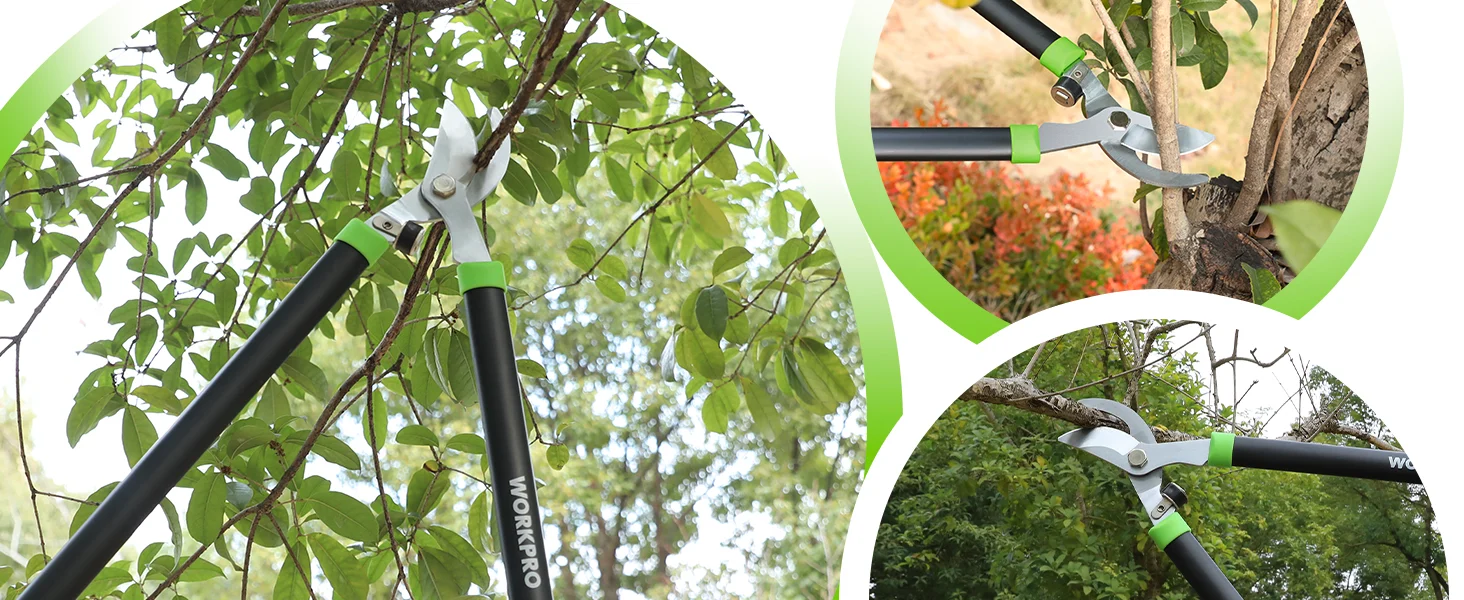 Garden pruning tool with green and black handle cutting branches, showing innovation, quality, and durable design