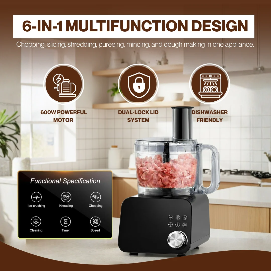 12-Cup Food Processor with 600W Motor, 6 Programs & 11 Speeds
