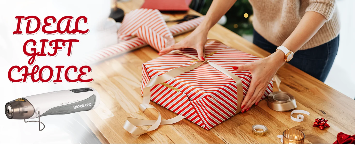 People wrapping a striped gift on a wooden table with ribbon, showing innovation and quality in a secure setup