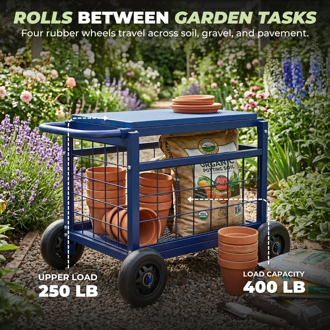 Garden Work Seat Cart with Storage Compartment and Rubber Wheels