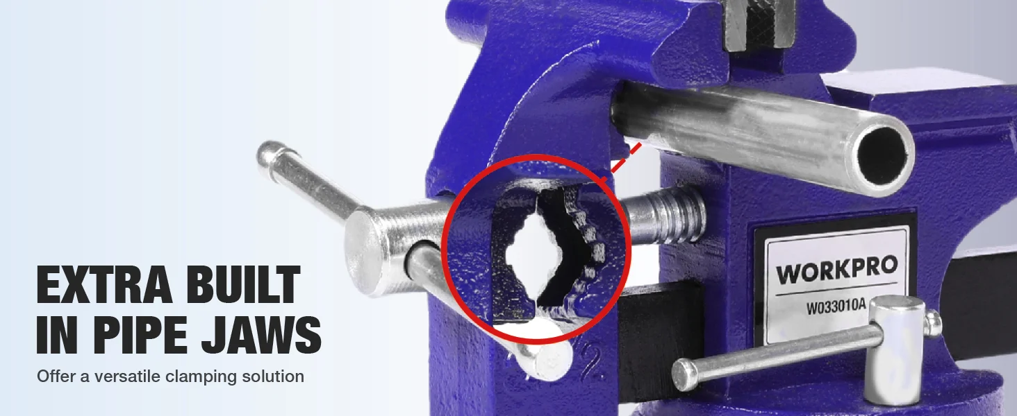 Blue pipe vise jaw with exposed screw and metal wrench, showing durable grip and secure clamping innovation