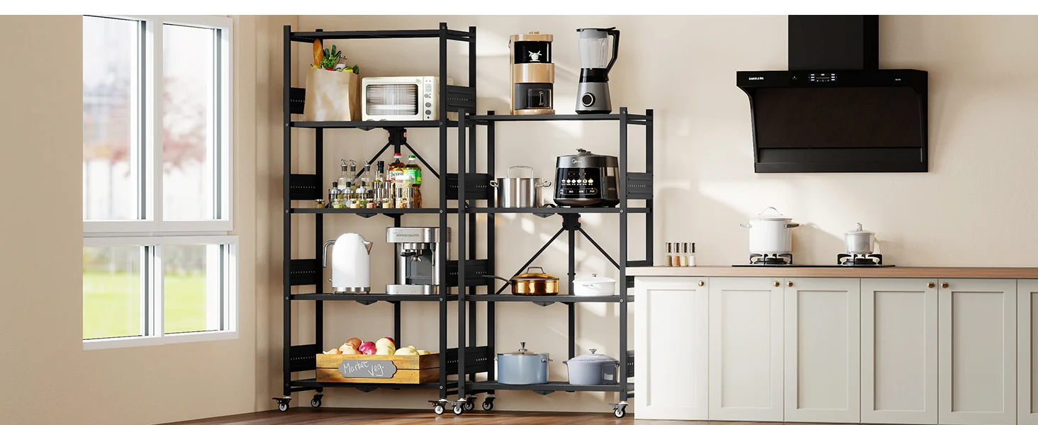 Kitchen shelving unit with appliances and cookware, innovation and quality in a clean modern workspace