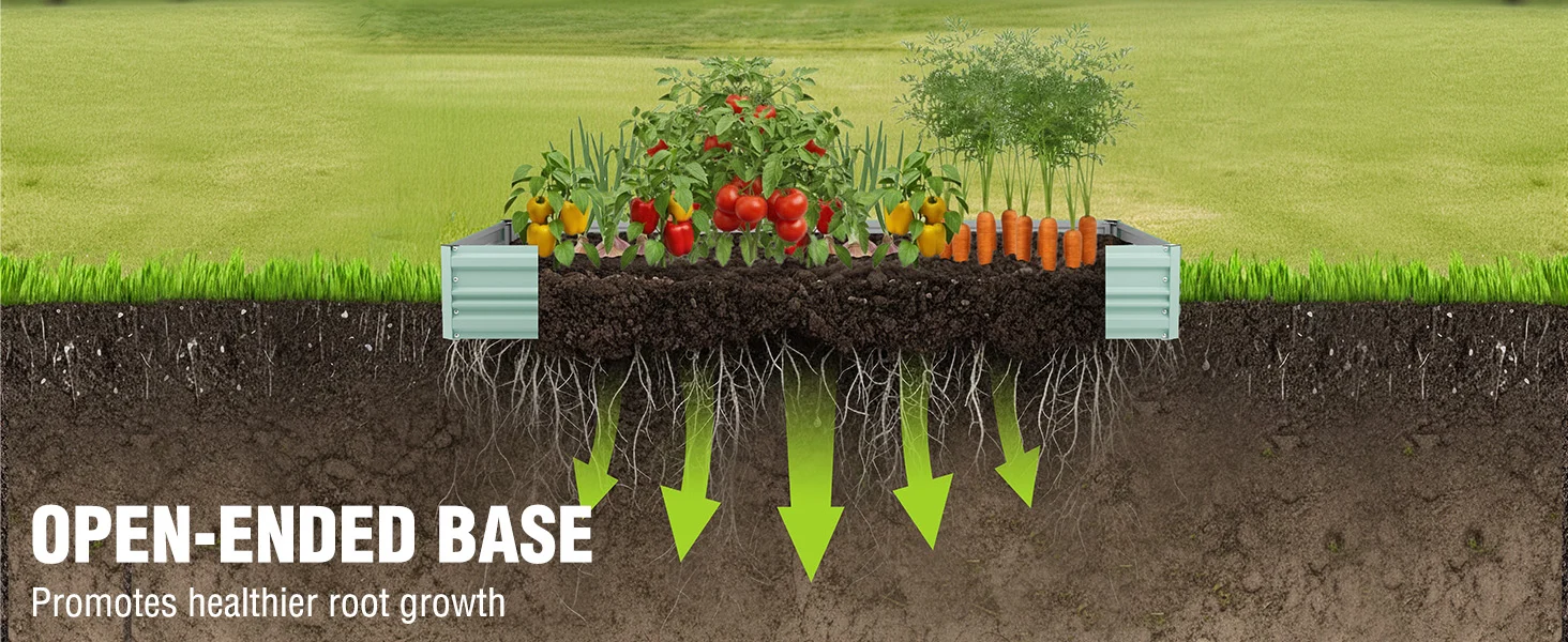 Soil bed system with open embedded base, green arrows showing roots in a grassy field, with innovation and quality