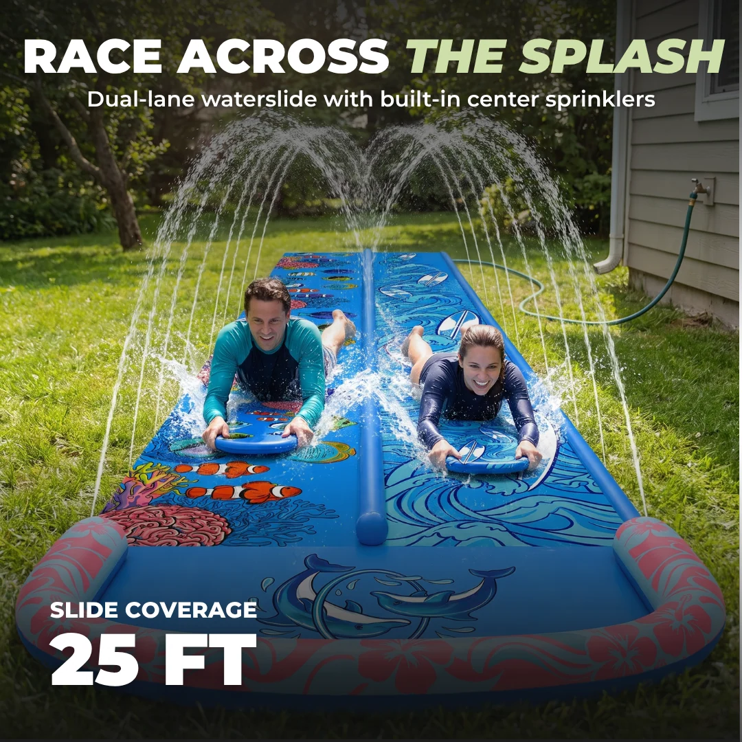 25 ft Double Lane Lawn Water Slide with Splash Pool and Bodyboards