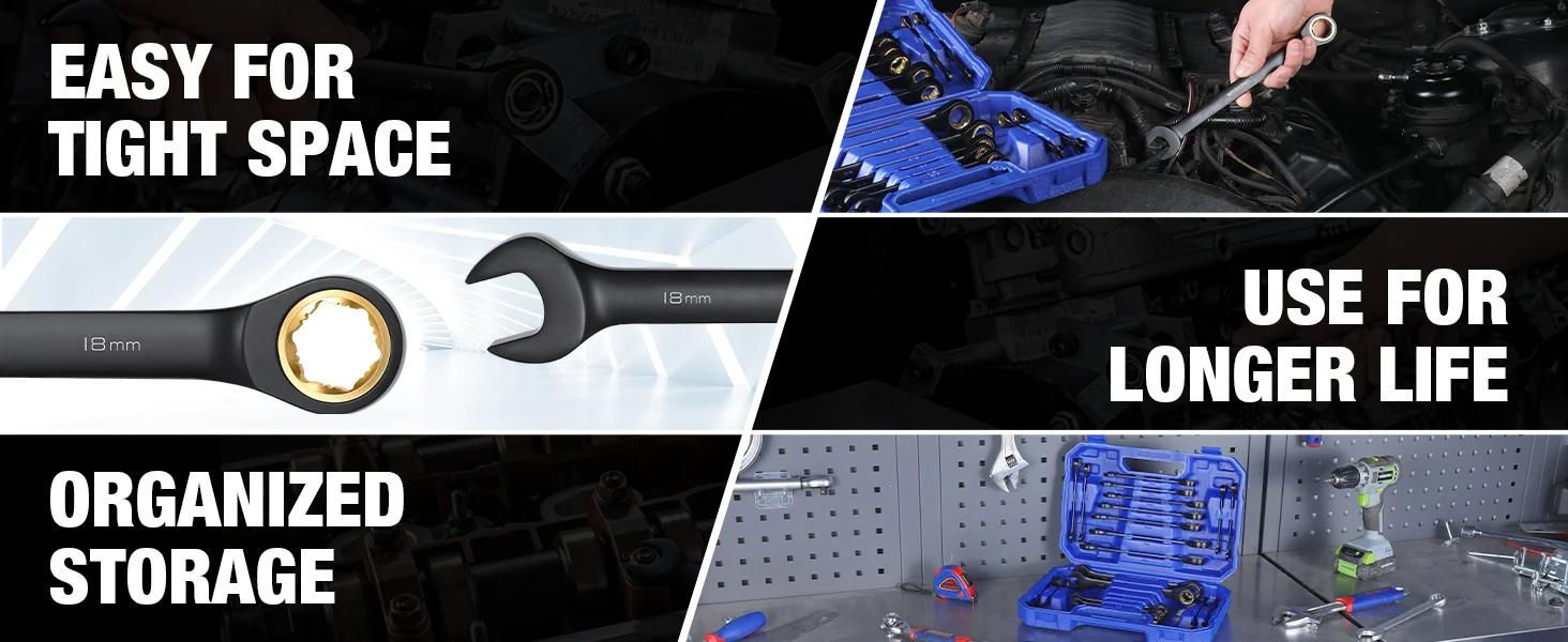 Socket wrench set collage with 18 mm markings, tools in blue cases, and engine work for innovation and quality